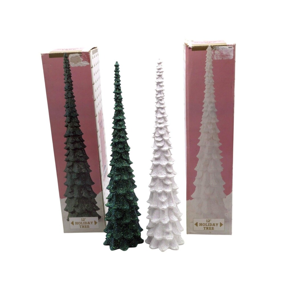 Set of 2 Vintage 12" Glitter Resin Slim Pencil Holiday Trees White and Green